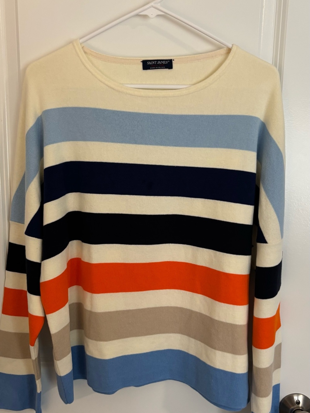 Saint James Striped Crewneck Sweater in Cream, Navy, Light Blue & Orange
